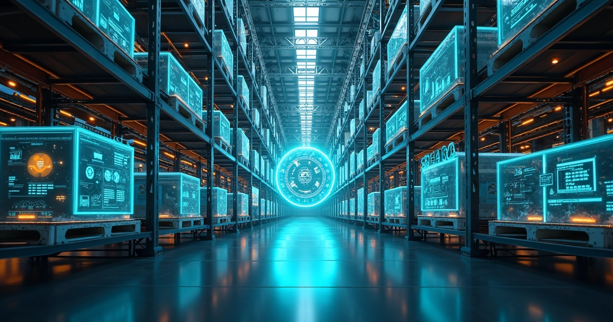 Armazém tecnológico com blocos de dados organizados em prateleiras digitais