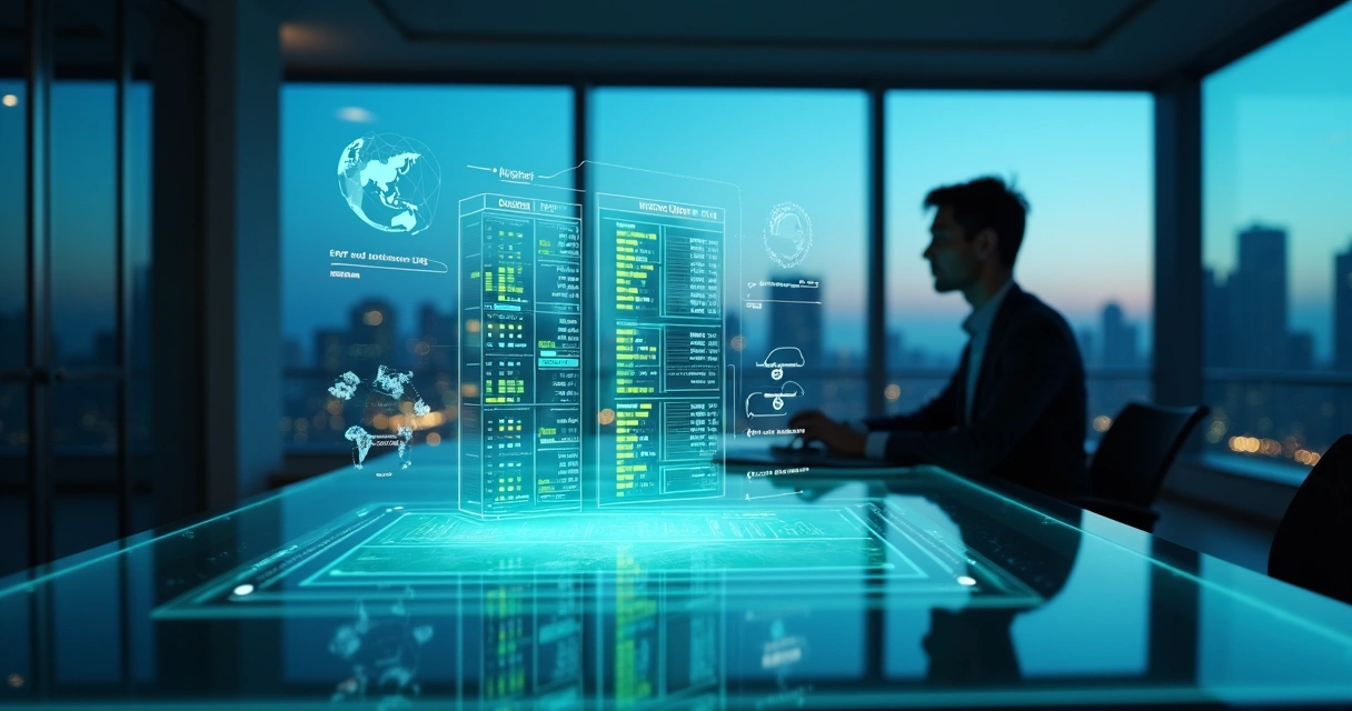 Tela holográfica mostra conciliação financeira automatizada integrada ao Dynamics 365