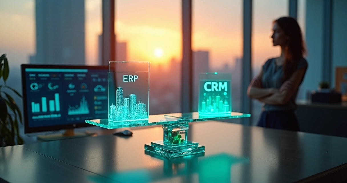 Balança digital comparando ERP e CRM diante de empresária em escritório moderno