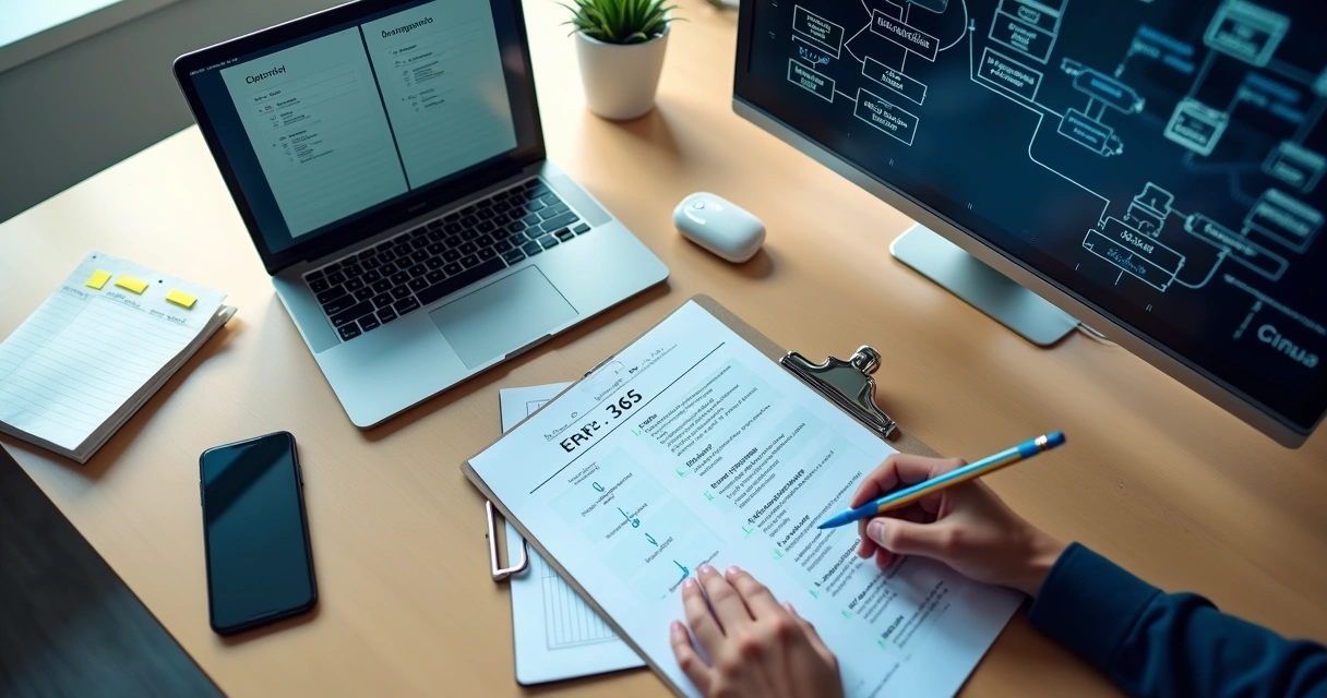 Checklist digital de migração de sistema em mesa de trabalho moderna