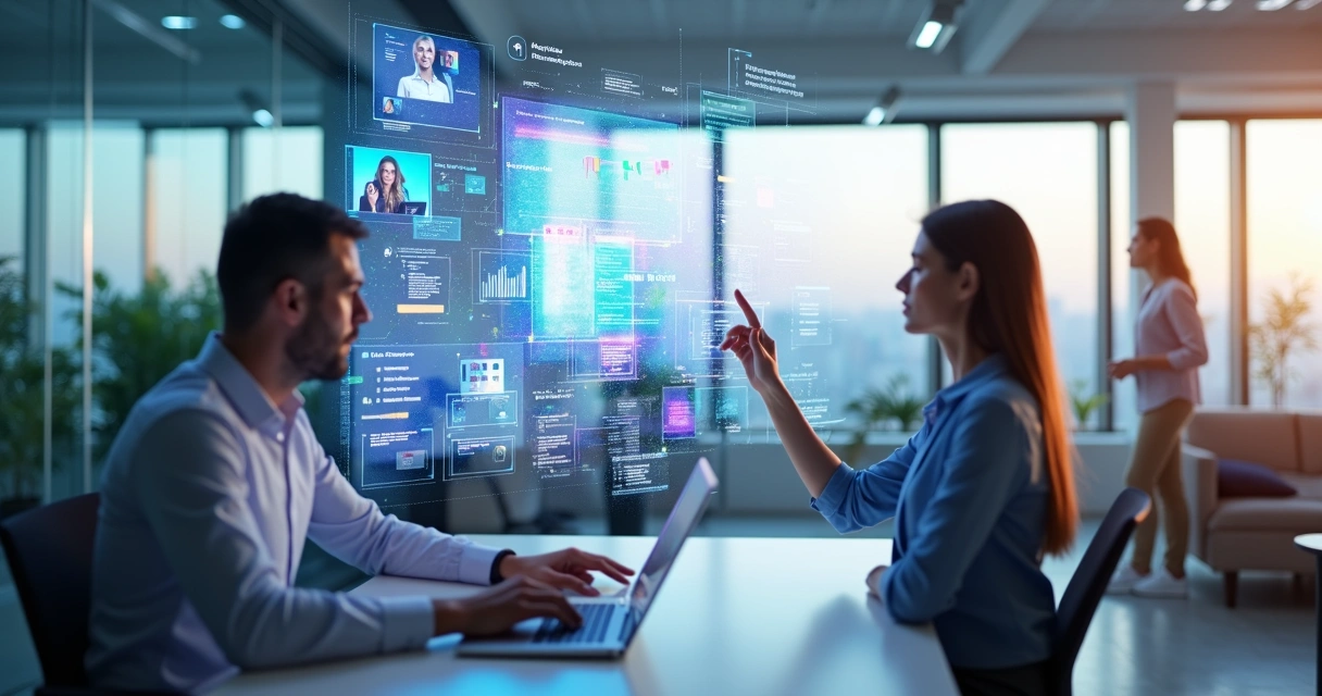 Equipe remota colaborando em parede digital interativa