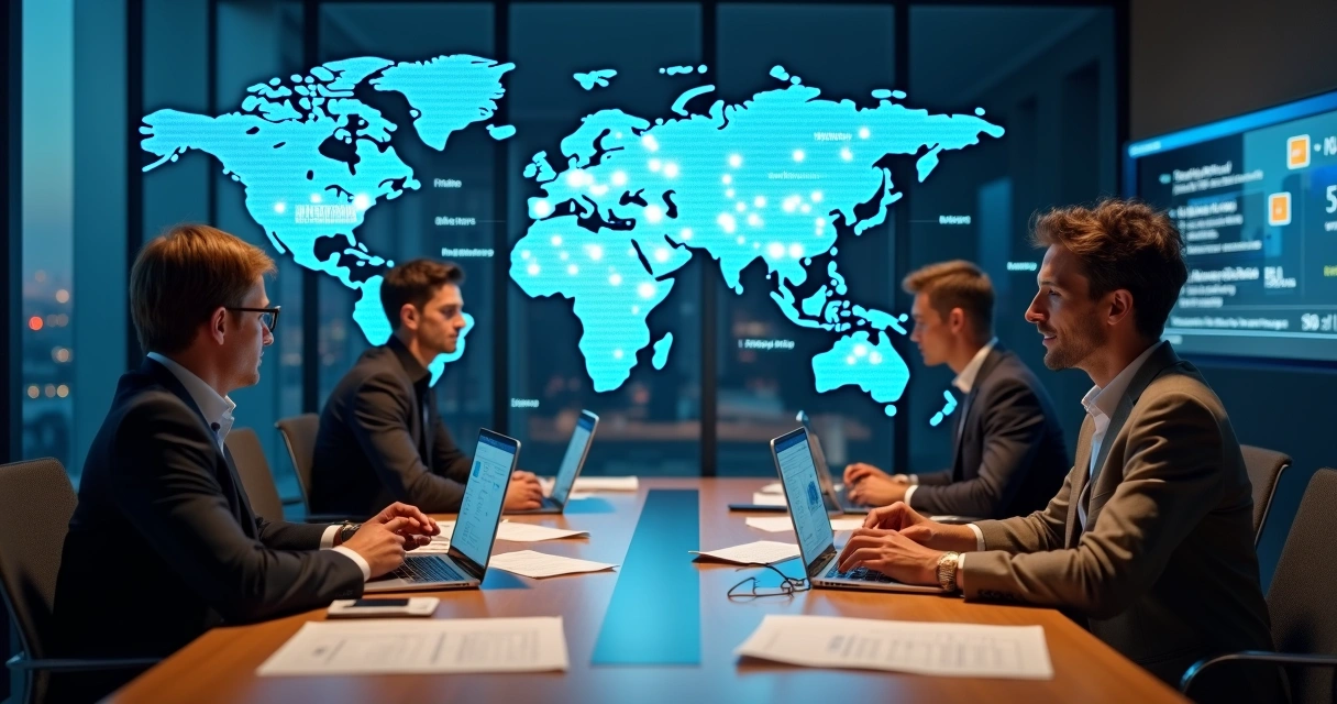 Consultores de tecnologia planejando arquitetura Dynamics 365 em mapa digital dos Estados Unidos