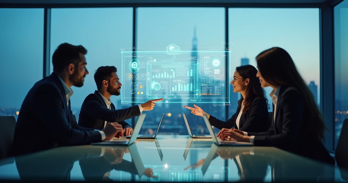 Equipe de consultoria Microsoft em reunião estratégica com projeções digitais