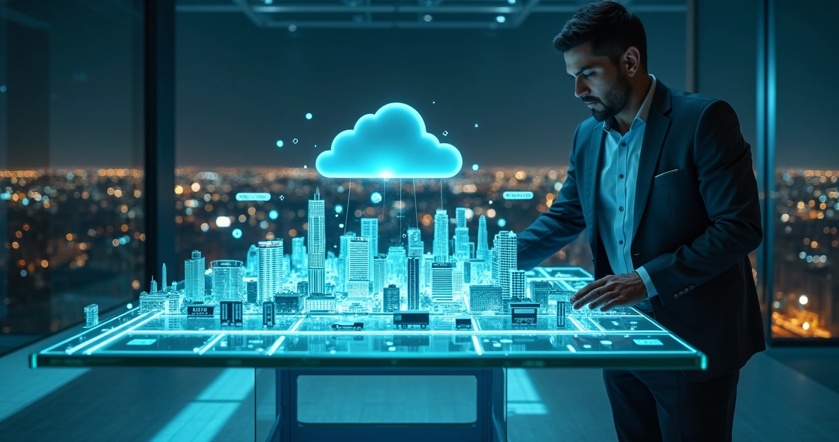 Gestor observa cidade em miniatura com dados conectados e ícones do Dynamics 365