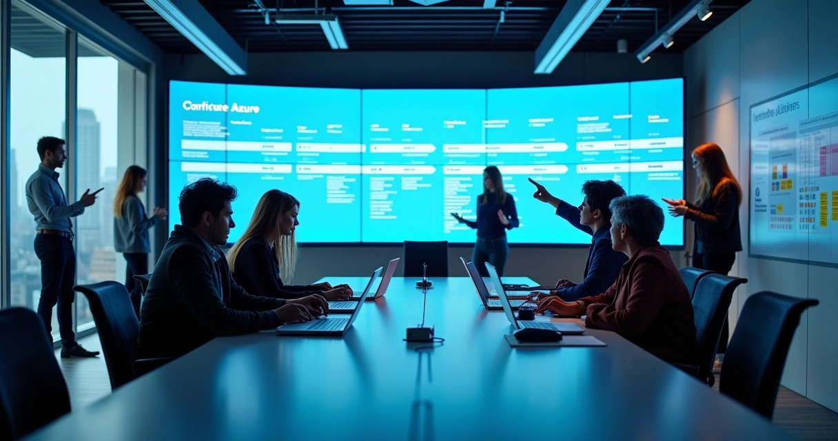Time de TI colaborando em frente a grande parede digital com fluxo DevOps em destaque
