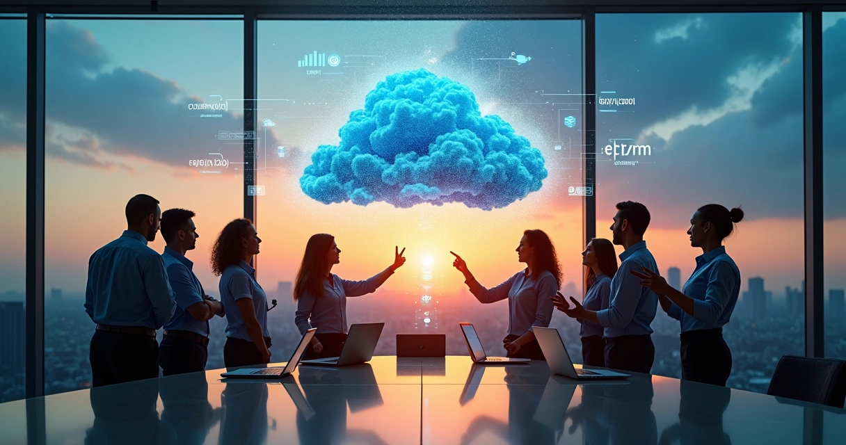 Equipe de negócios observando aplicações flutuando em nuvem digital gigante