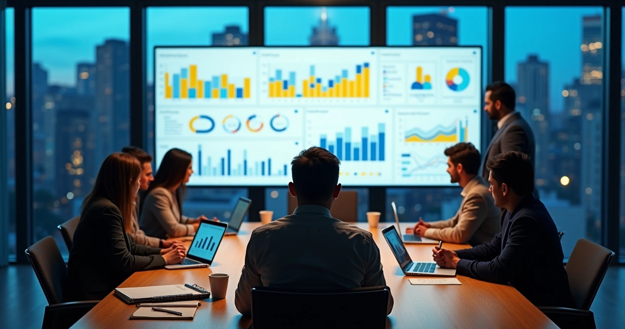 Executivos analisando painel de dados em grande tela
