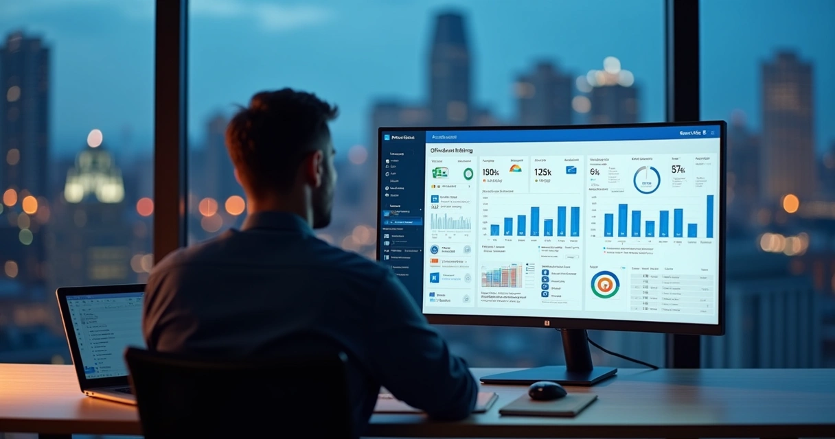 Gestor analisando painel de licenças Microsoft na tela em escritório moderno