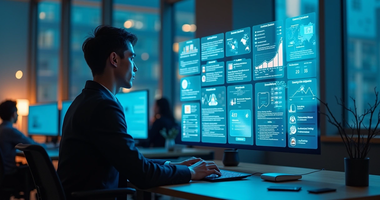 Assistente analisa dados em holograma de CRM com inteligência artificial