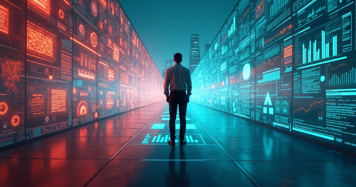 Gestor em encruzilhada digital entre caos de dados e painéis de BI organizados