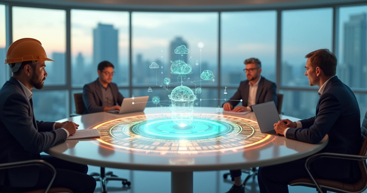 Ilustração de profissionais de diferentes setores ligados por mosaico digital do Dynamics 365