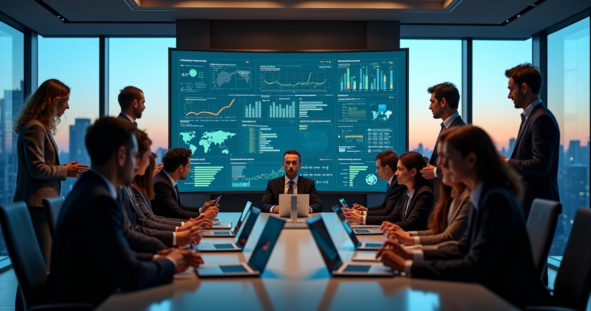 Gestores observando grande painel digital de ERP integrado em sala corporativa moderna