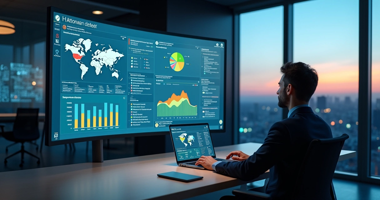 Profissional analisa grande dashboard do Power BI com dados de setores empresariais diversos