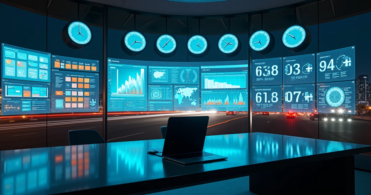 Painel com relógios digitais e ícones de produtividade sobre cidade moderna