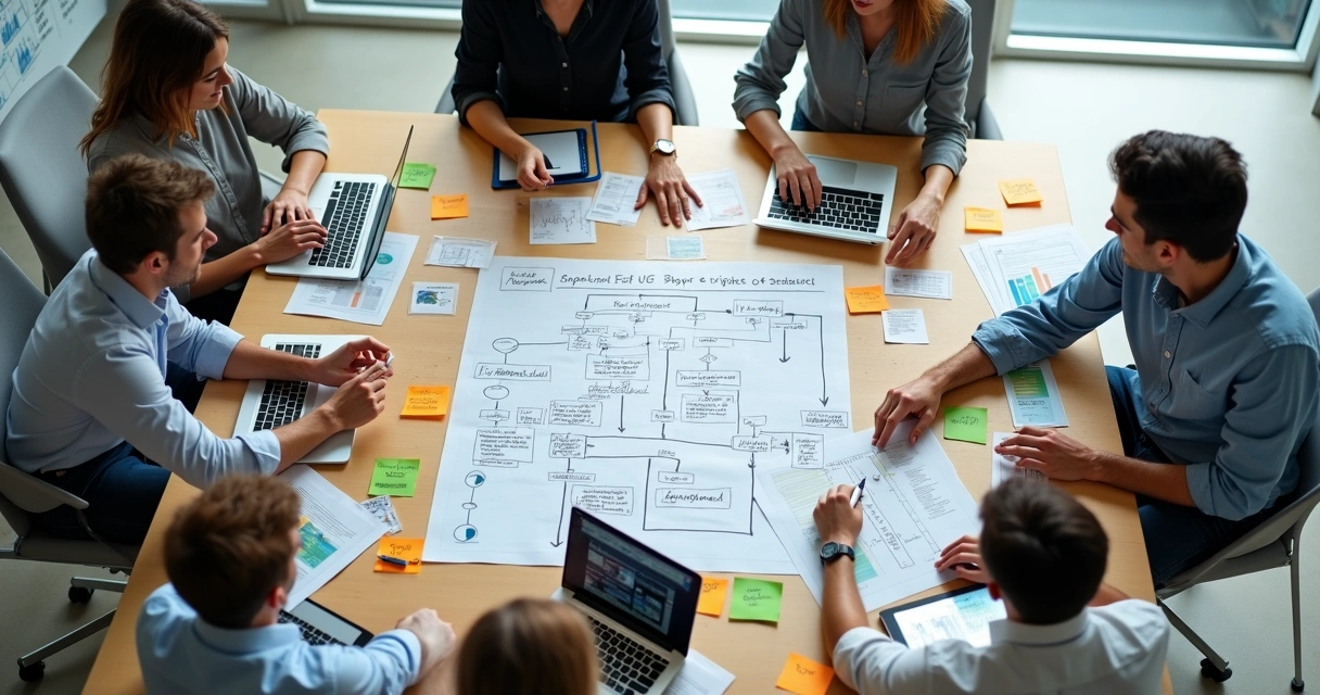 Equipe reunida em mesa de projeto analisando fluxo de implementação de ERP