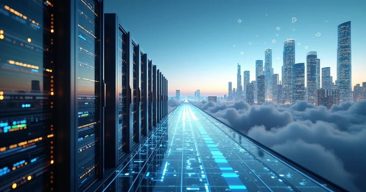 Comparação entre servidor físico antigo e nuvem moderna conectados por ponte digital