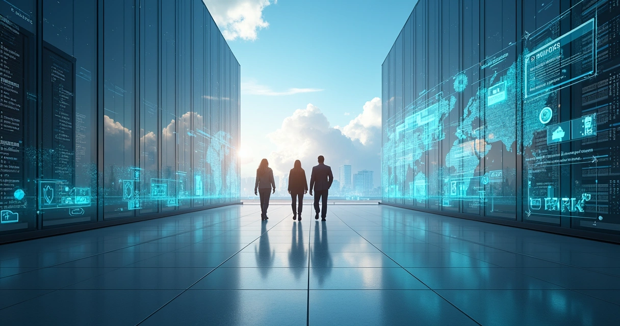 Ilustração de ponte digital conectando sistemas empresariais em nuvem