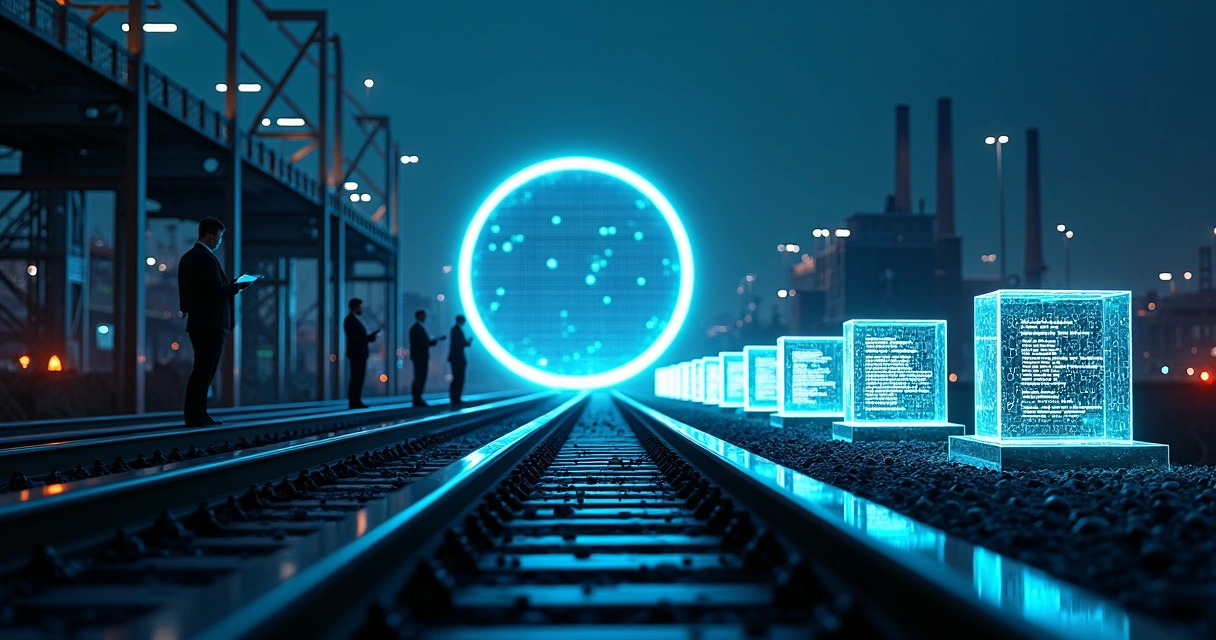 Trilhos metálicos levando blocos de dados a um portal luminoso digital